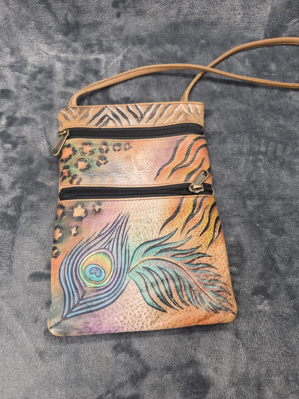 Anuschka Hand painted Leather Over-the-shoulder Peacock  & Safari Theme 2 Zipper
